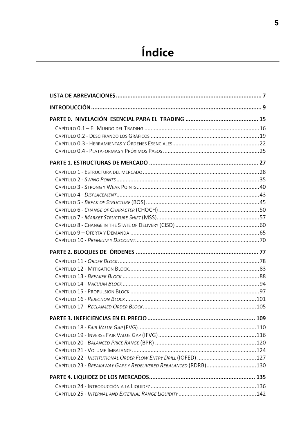 Índice del libro, partes 0 a 4: nivelación, estructura, bloques de órdenes, ineficiencias y liquidez